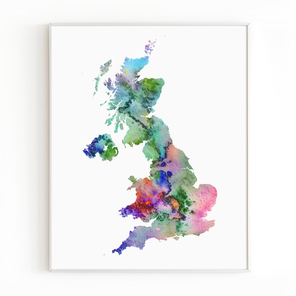 Watercolour United Kingdom Map Art Print, Digital Instant Download