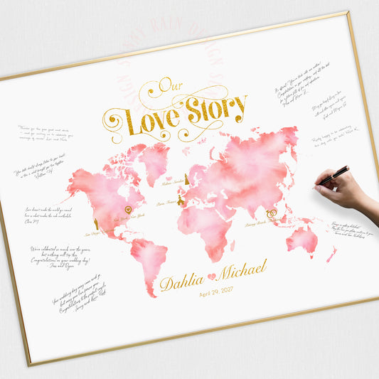 Personalized watercolor world map wedding guest book alternative