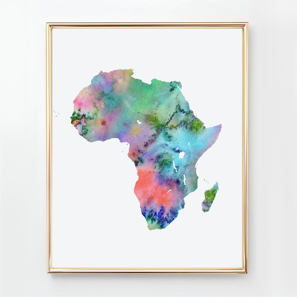 Colorful watercolor map of Africa, abstract Africa map wall art print available as an instant download