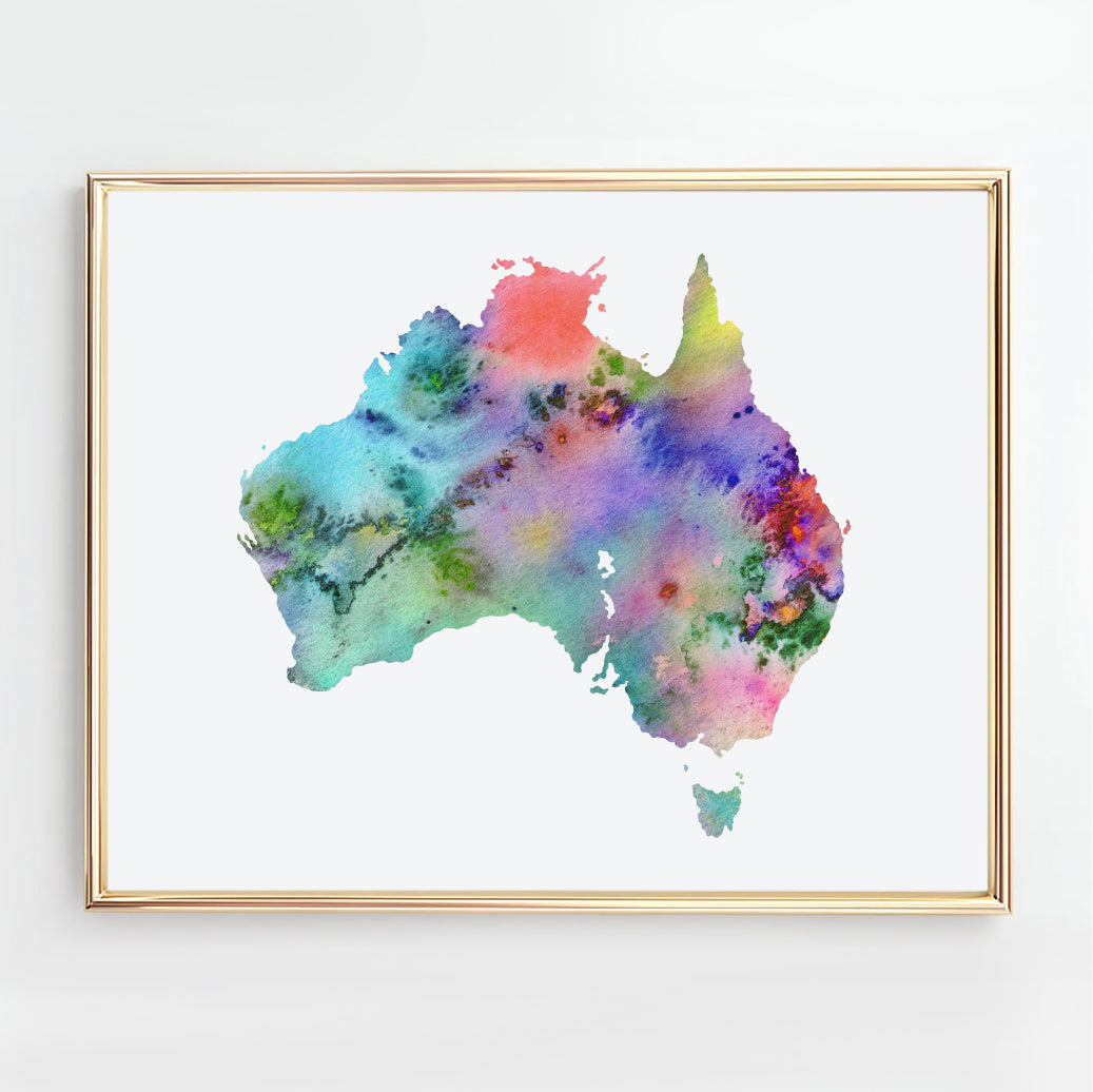 Colorful watercolor map of Australia, abstract Australia map wall art print available as an instant download.