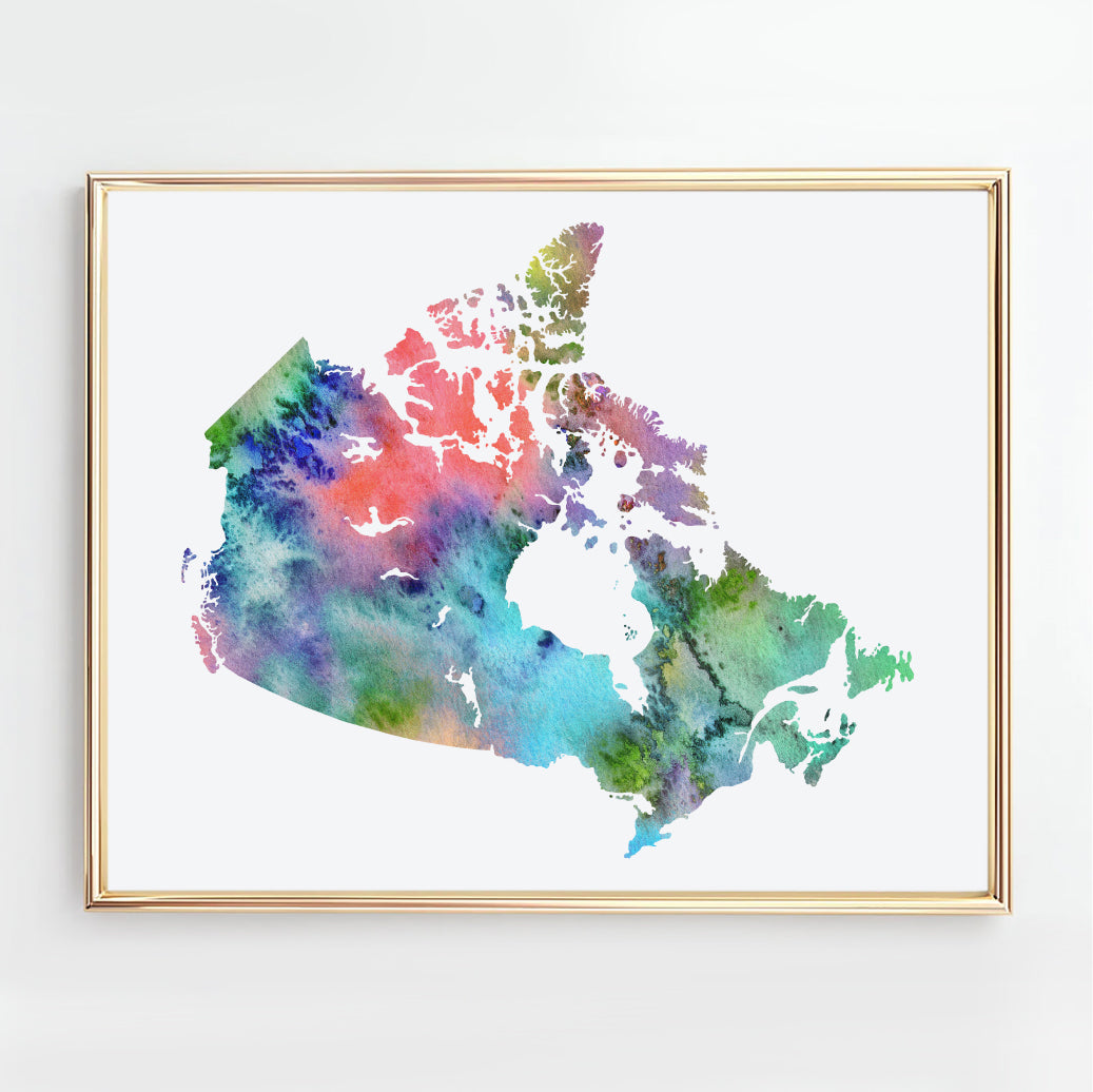 Colorful watercolor map of Canada, abstract Canada map wall art print available as an instant download