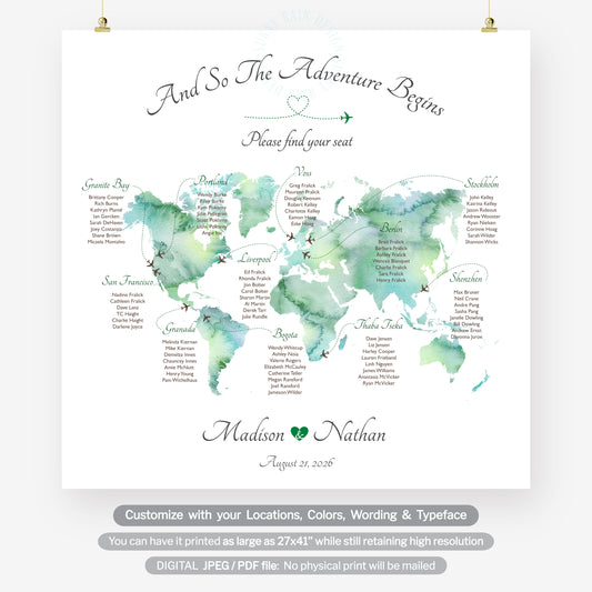 Custom world map seating chart, travel theme or destination wedding seating plan