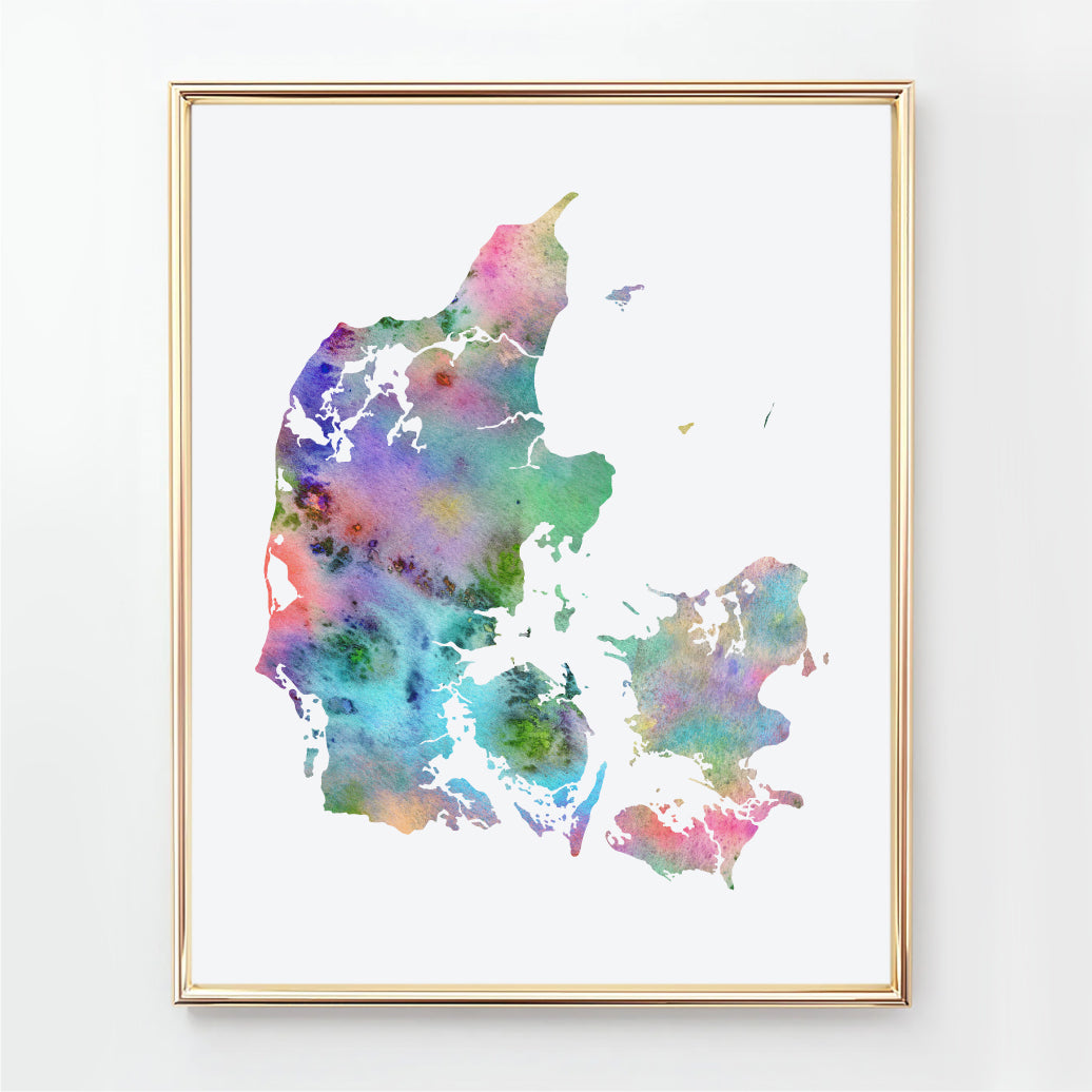 Large colorful watercolor map of Denmark, abstract Denmark map wall art print available as an instant download