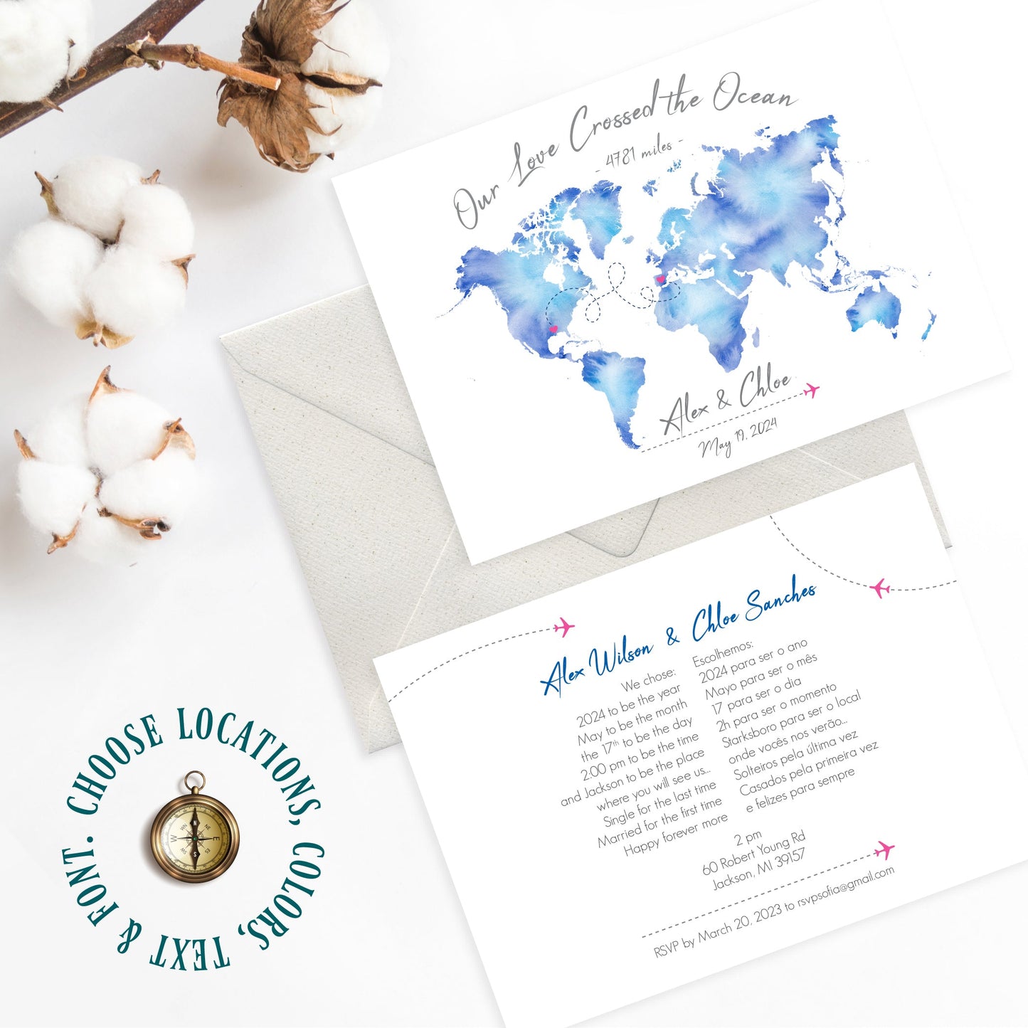 Watercolor map wedding save the date invitation for a destination wedding, travel themed wedding invite available as downloadable jpg and pdf files.