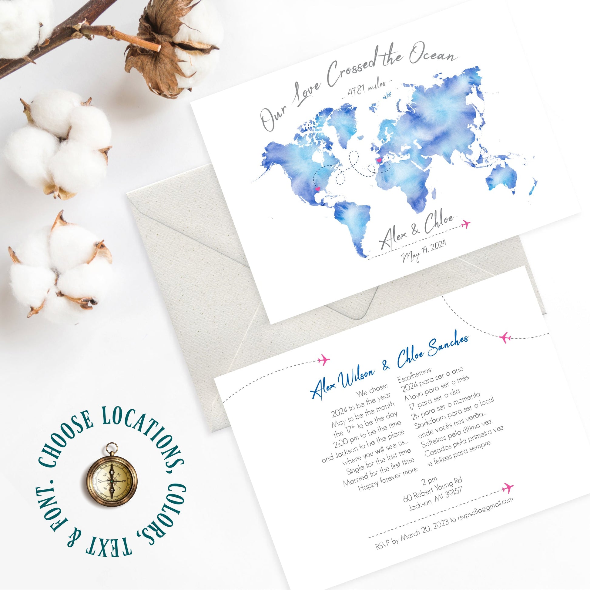 Watercolor map wedding save the date invitation for a destination wedding, travel themed wedding invite available as downloadable jpg and pdf files.