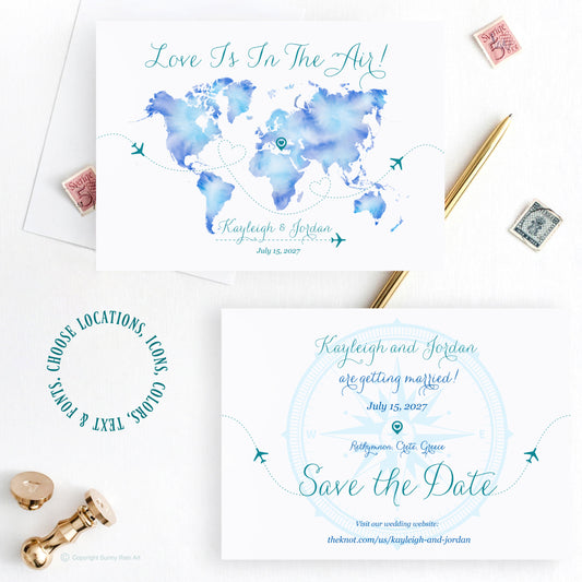 Watercolor map Save the Date digital destination wedding invitation