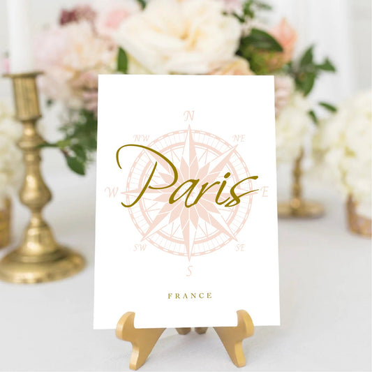 Destination wedding table number signs, printable travel theme table number cards.