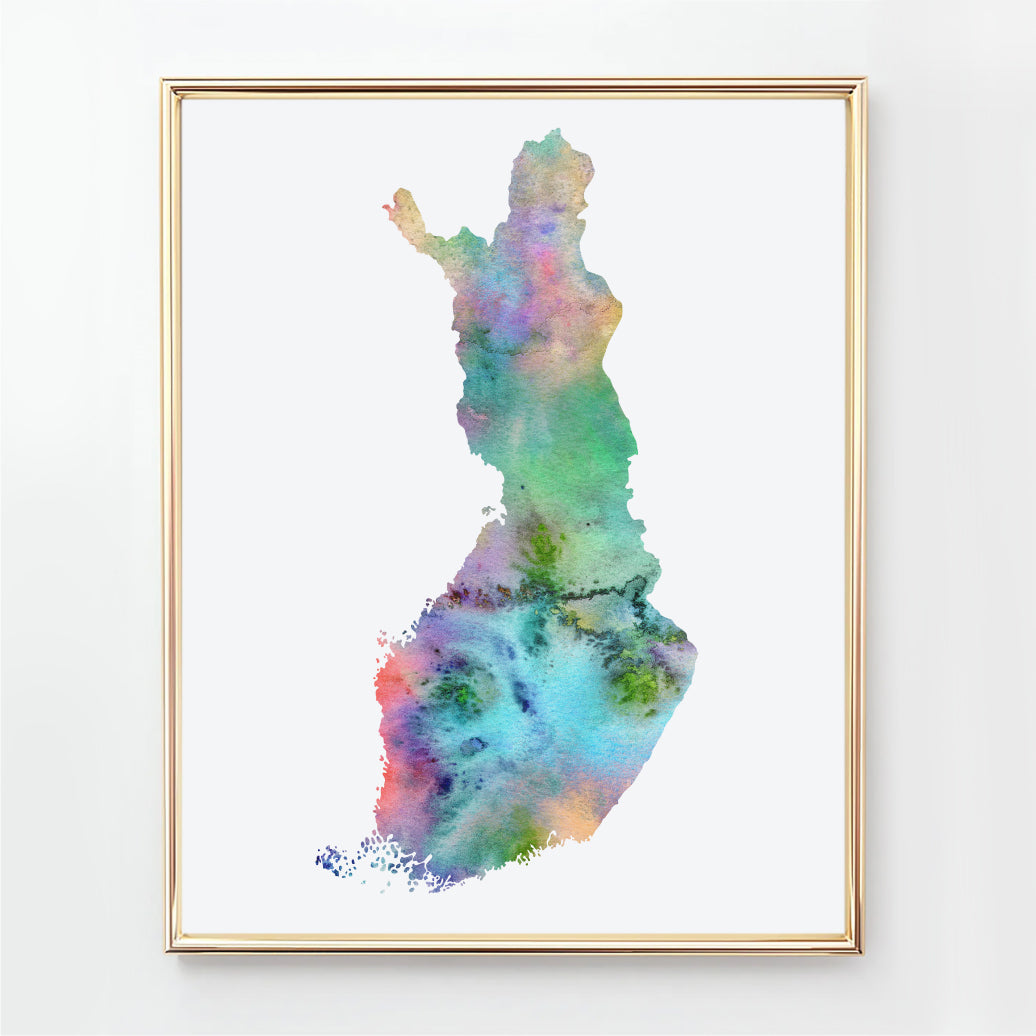 Large colorful watercolor map of Finland, abstract Finland map wall art print available as an instant download