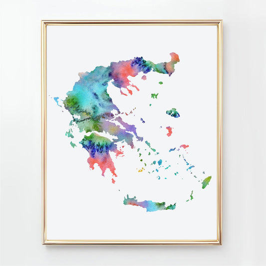Large colorful watercolor map of Greece, abstract Greece map wall art print available as an instant download