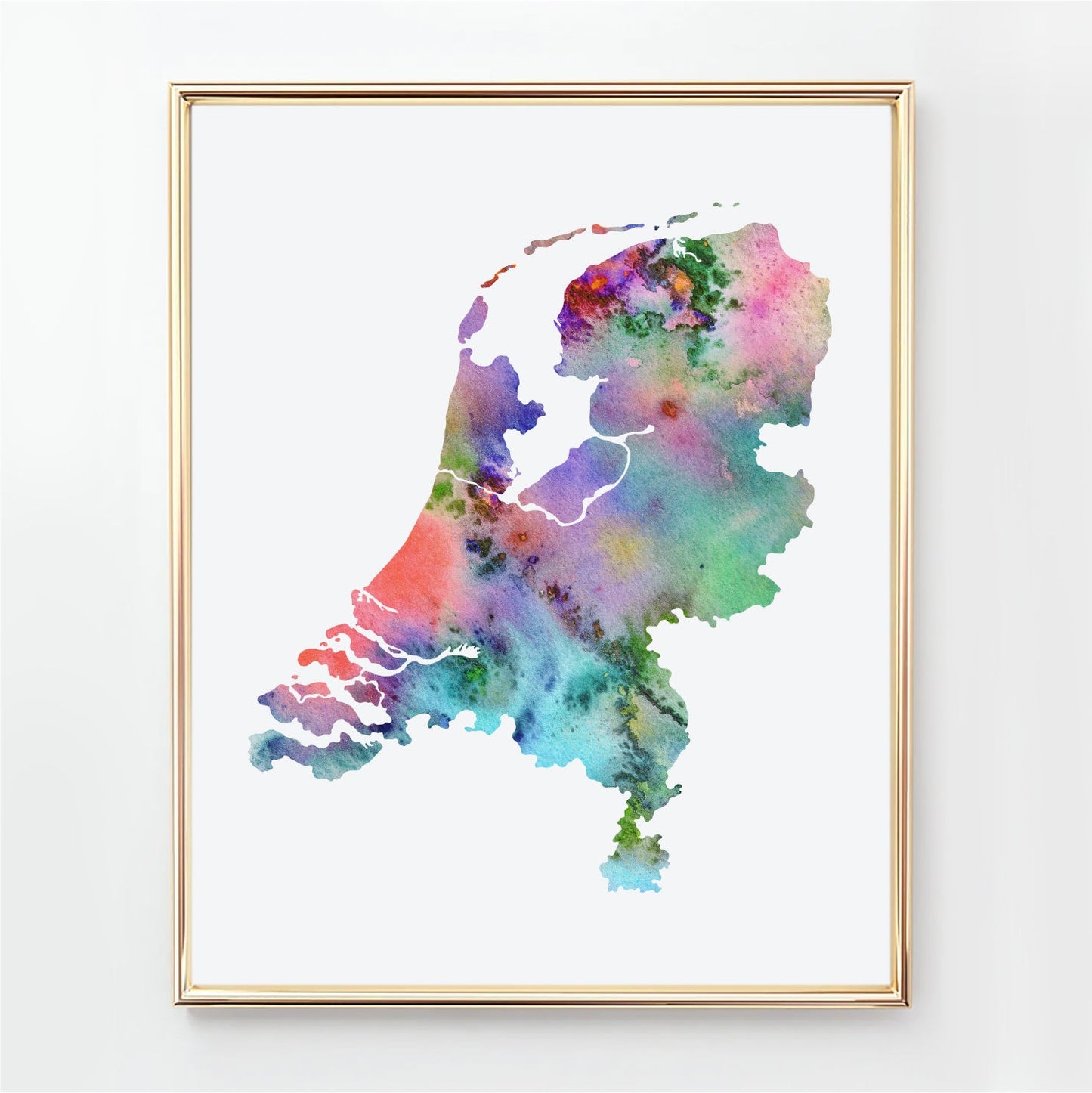 Colorful watercolor map of Netherlands, abstract Netherlands map wall art print available as an instant download.