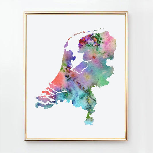 Colorful watercolor map of Netherlands, abstract Netherlands map wall art print available as an instant download.