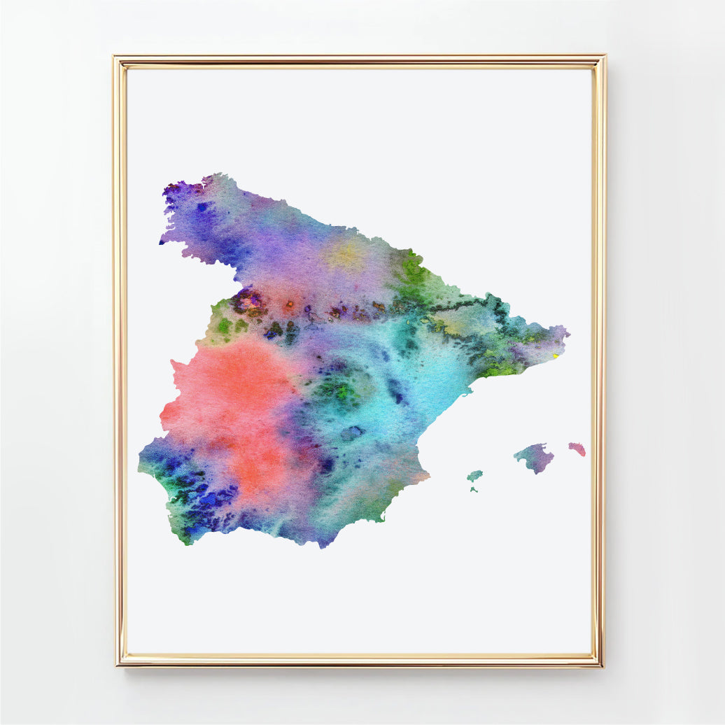 Colorful watercolor map of Spain, abstract watercolor Spain map wall art print available as an instant download.