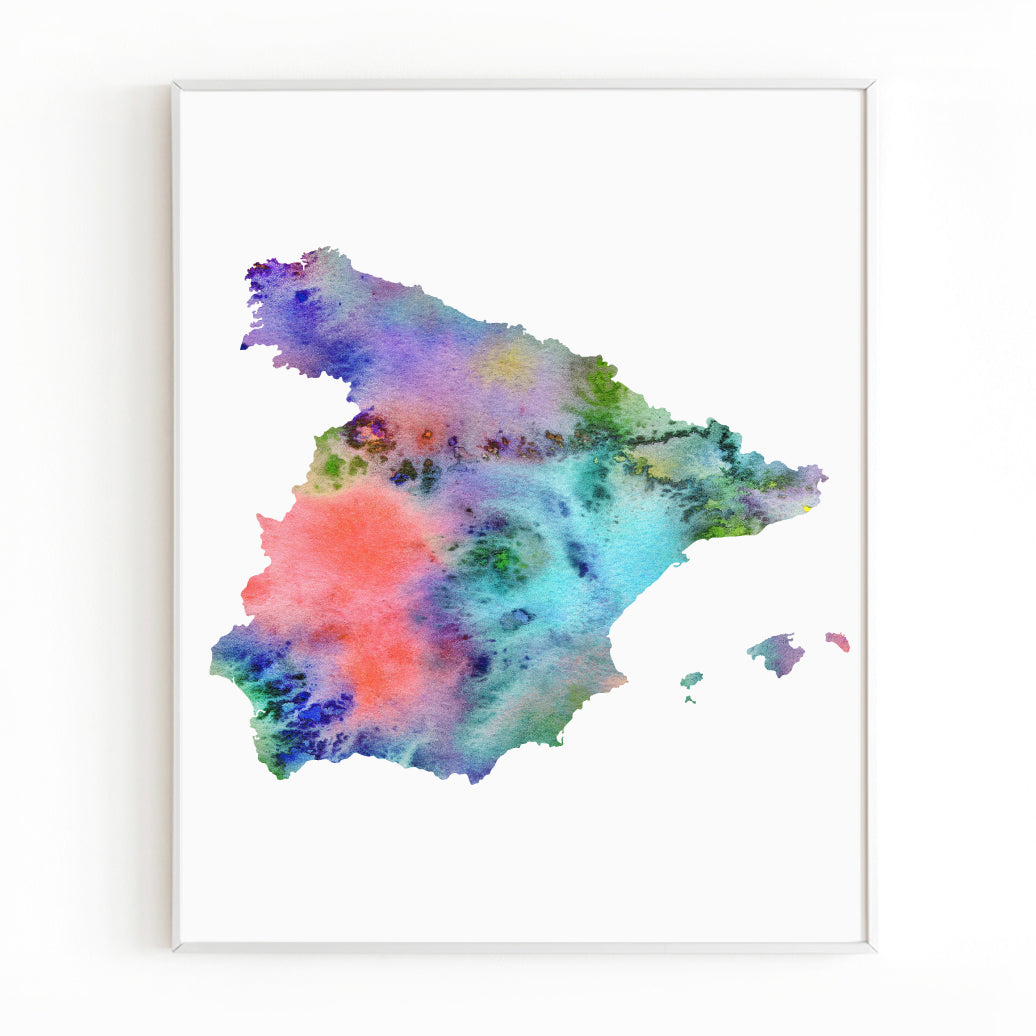 Watercolor Spain Map, Colorful Abstract Spain Art Print, Instant Download