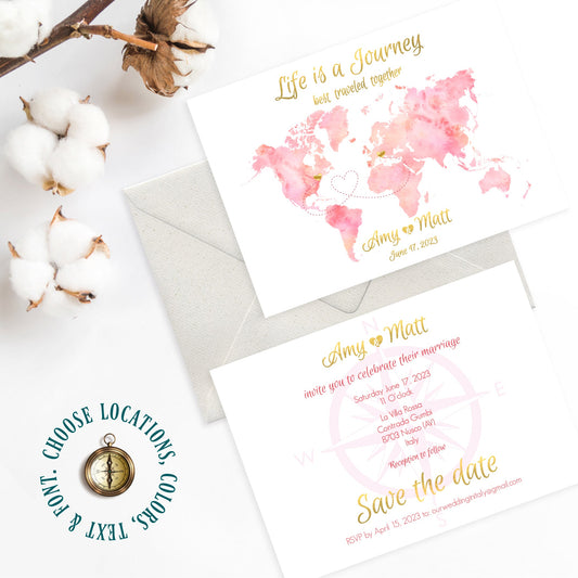 Travel theme wedding invitation, printable watercolor world map Save the date invite, digital download.