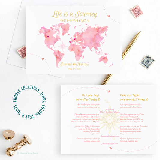 Travel theme wedding invitation, Destination map wedding invitation