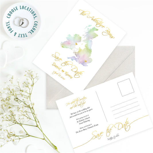 Printable travel theme Save the Date invitation postcard with watercolor map available as JPG and PDF files via digital download