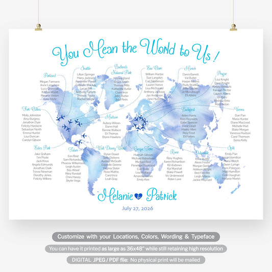 Travel-themed wedding seating chart, World map table plan printable