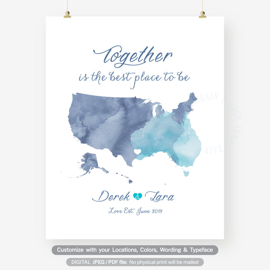 Two states or two countries map art, Map wedding guest book alternative