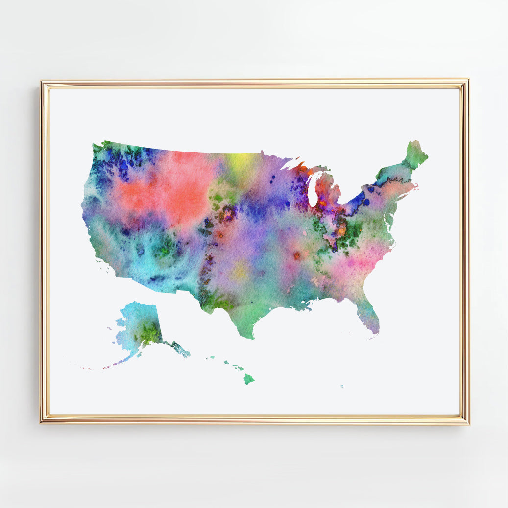 Colorful watercolor map of the United States of America, abstract USA map wall art print available as an instant download