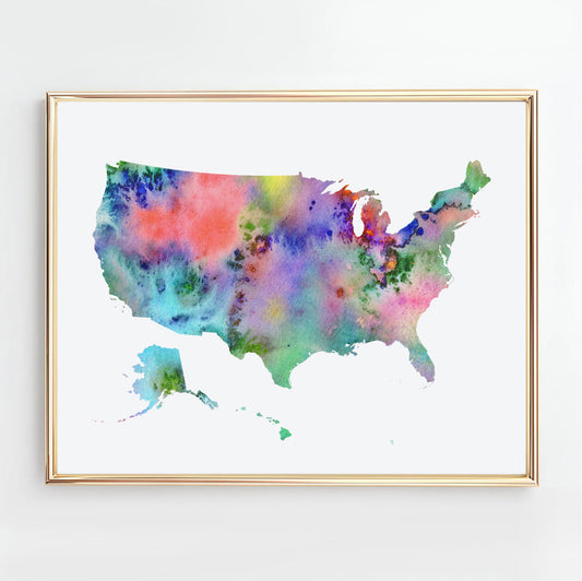 Colorful watercolor map of the United States of America, abstract USA map wall art print available as an instant download