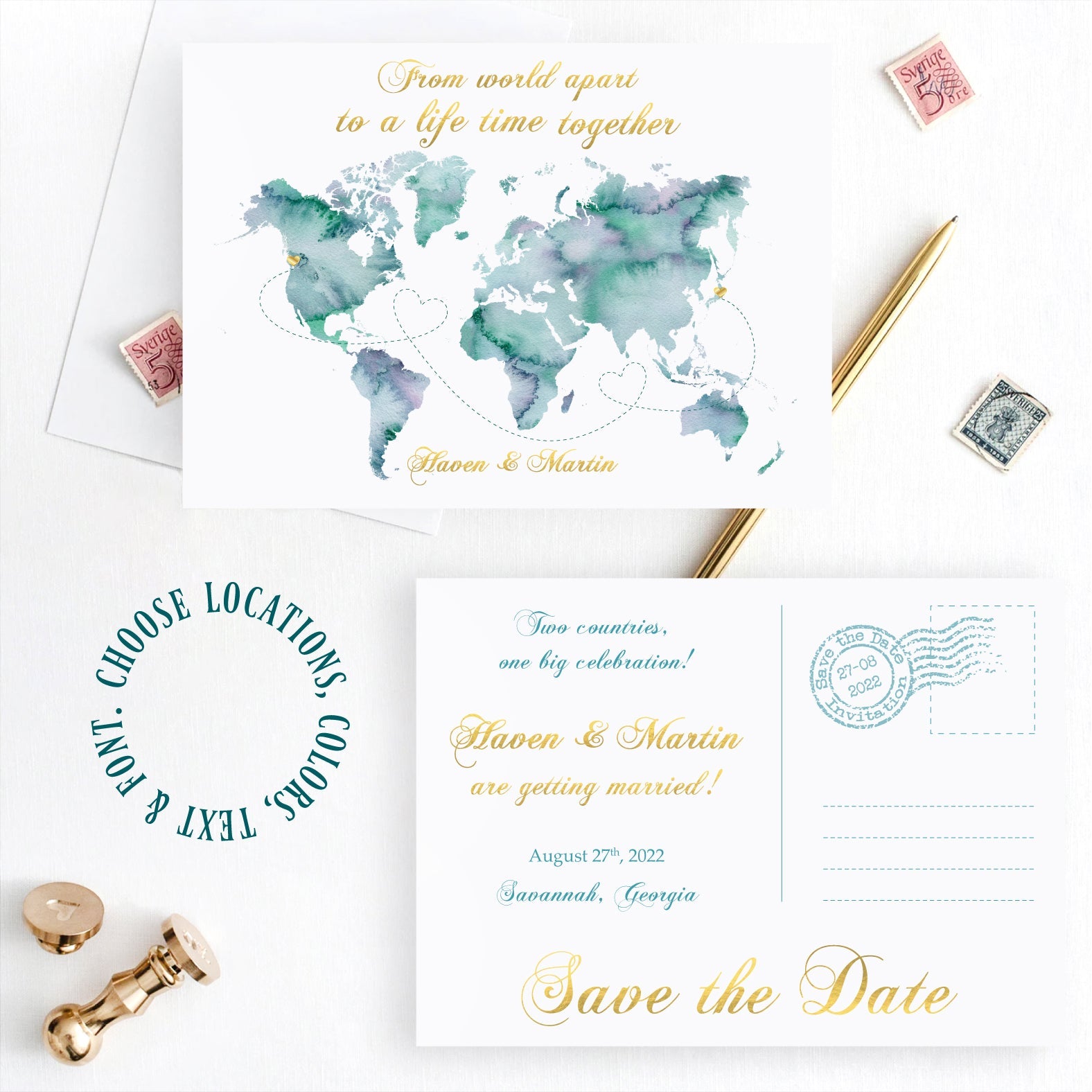 Watercolor map save the date postcard invitation for a destination wedding, printable digital jpeg and pdf file.