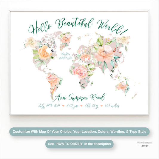 Baby birth stats wall art print, Hello World birth announcement card available as printable JPEG and PDF files