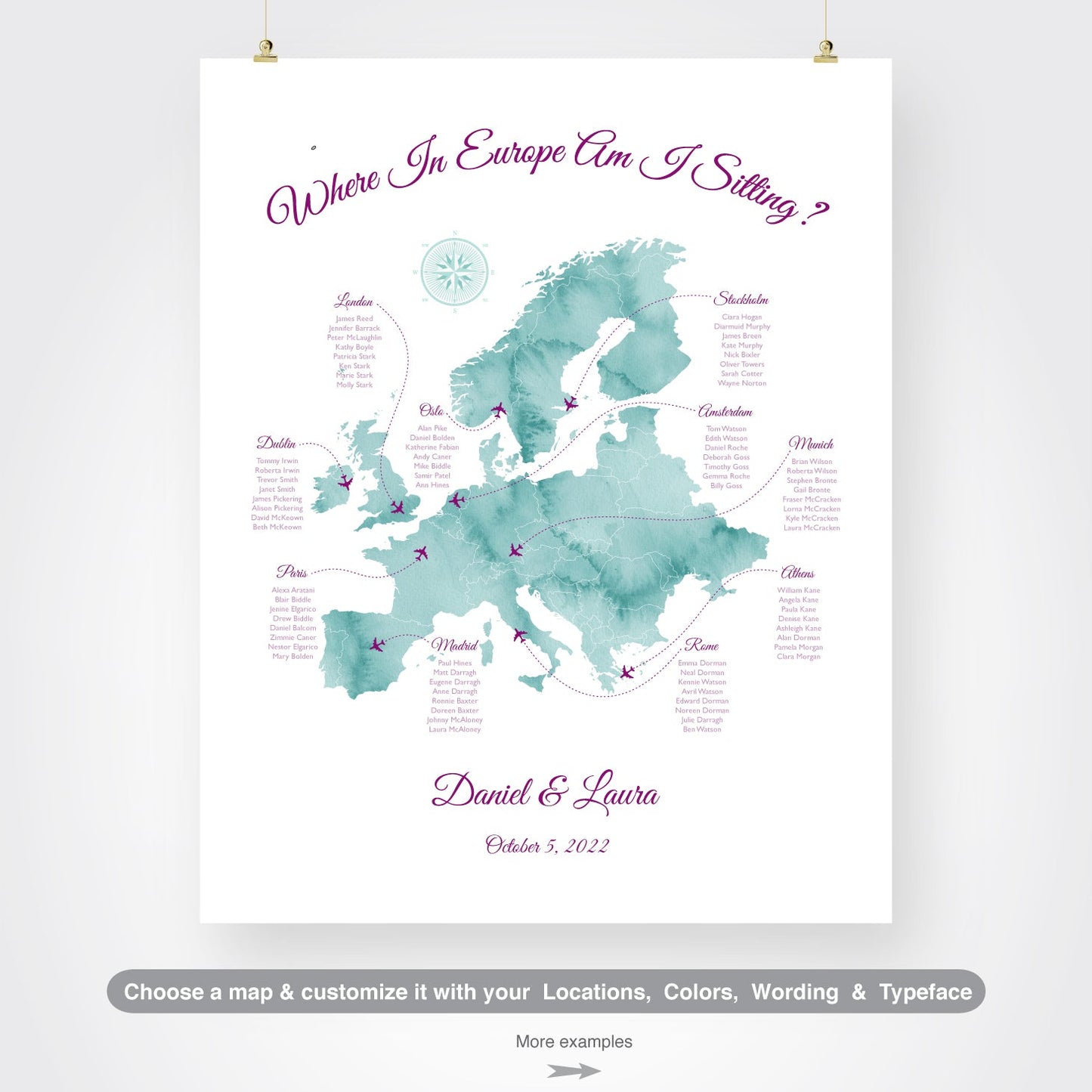 Custom Europe watercolor map seating chart, travel theme seating chart
