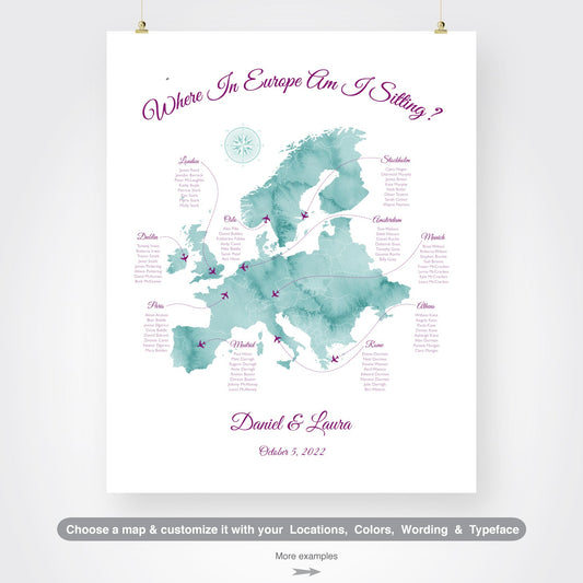 Custom Europe watercolor map seating chart, travel theme seating chart