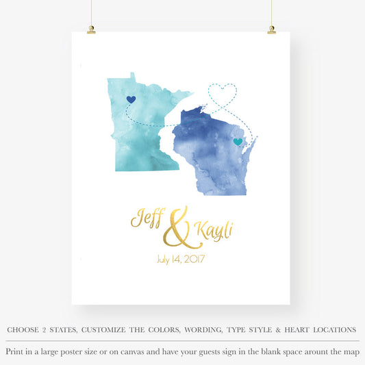 Custom watercolor 2 states map, personalized gift for couple
