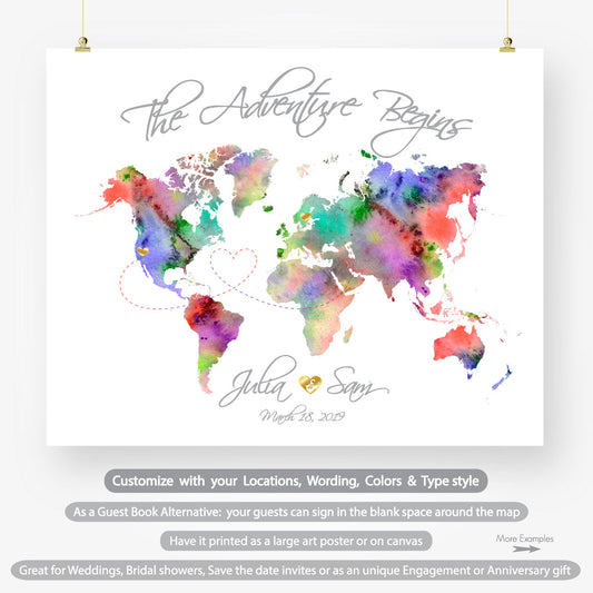 Watercolor world map guest book printable, unique engagement gift