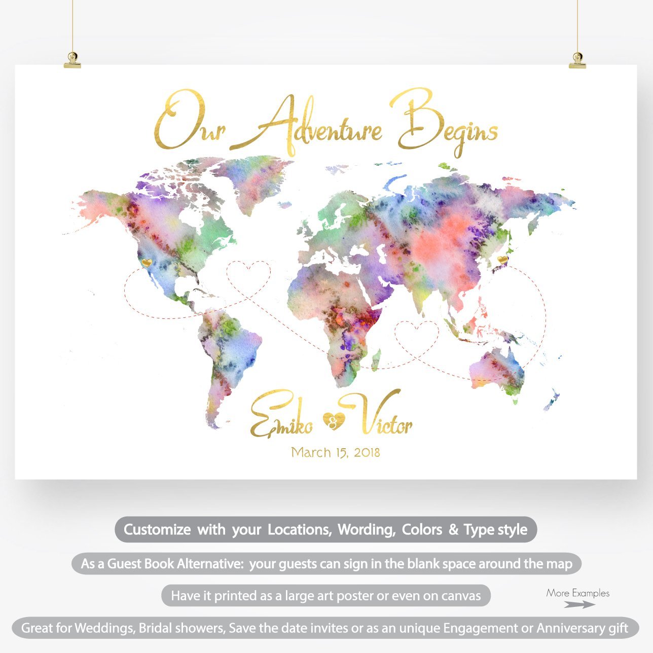 Travel theme wedding guest book alternative printable large watercolor world map