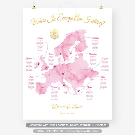 Custom destination wedding map seating chart, Europe wedding table plan