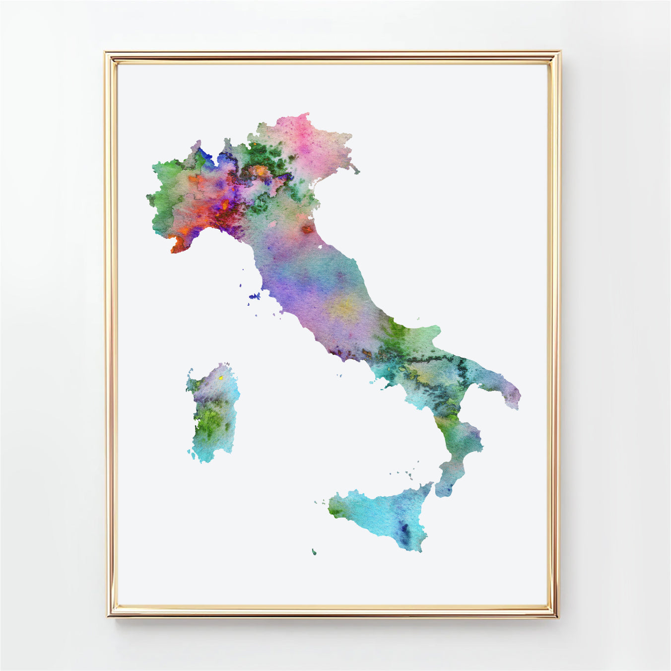 Colorful watercolor map of Italy, abstract Italy map wall art print available as an instant download
