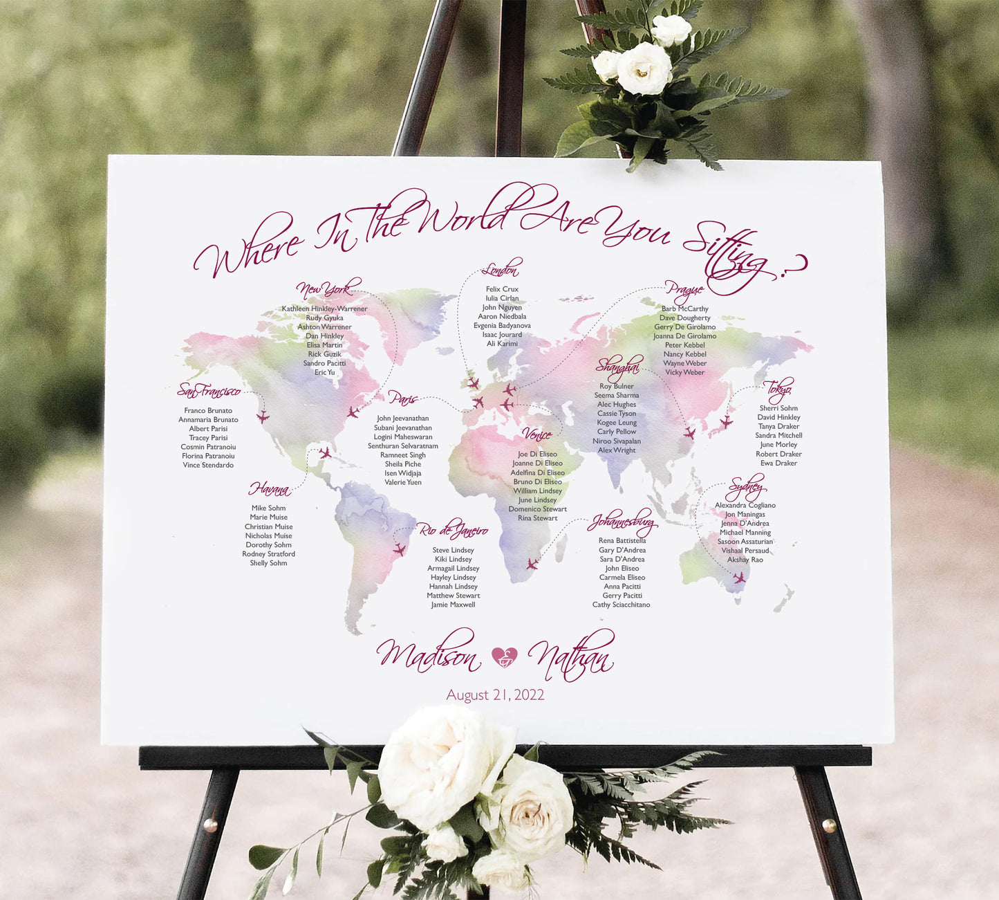 Custom world map seating chart, travel theme or destination wedding seating plan