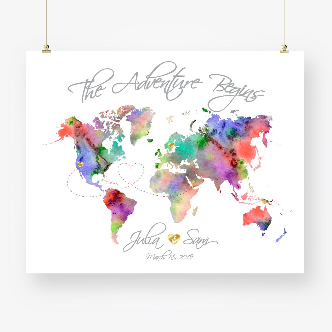 Travel theme wedding guest book alternative large watercolor world map