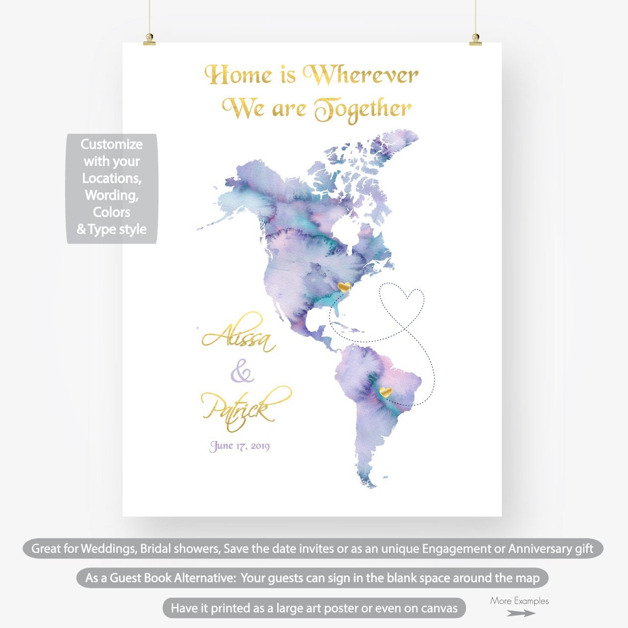 Personalized wedding gift, unique custom watercolor map wall art printable print