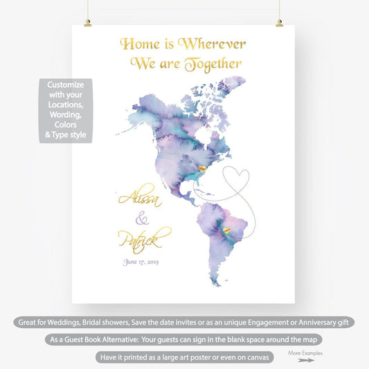 Personalized wedding gift, unique custom watercolor map wall art printable print