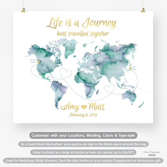 Travel theme destination wedding guest book alternative printable custom watercolor world map digital jpg pdf file