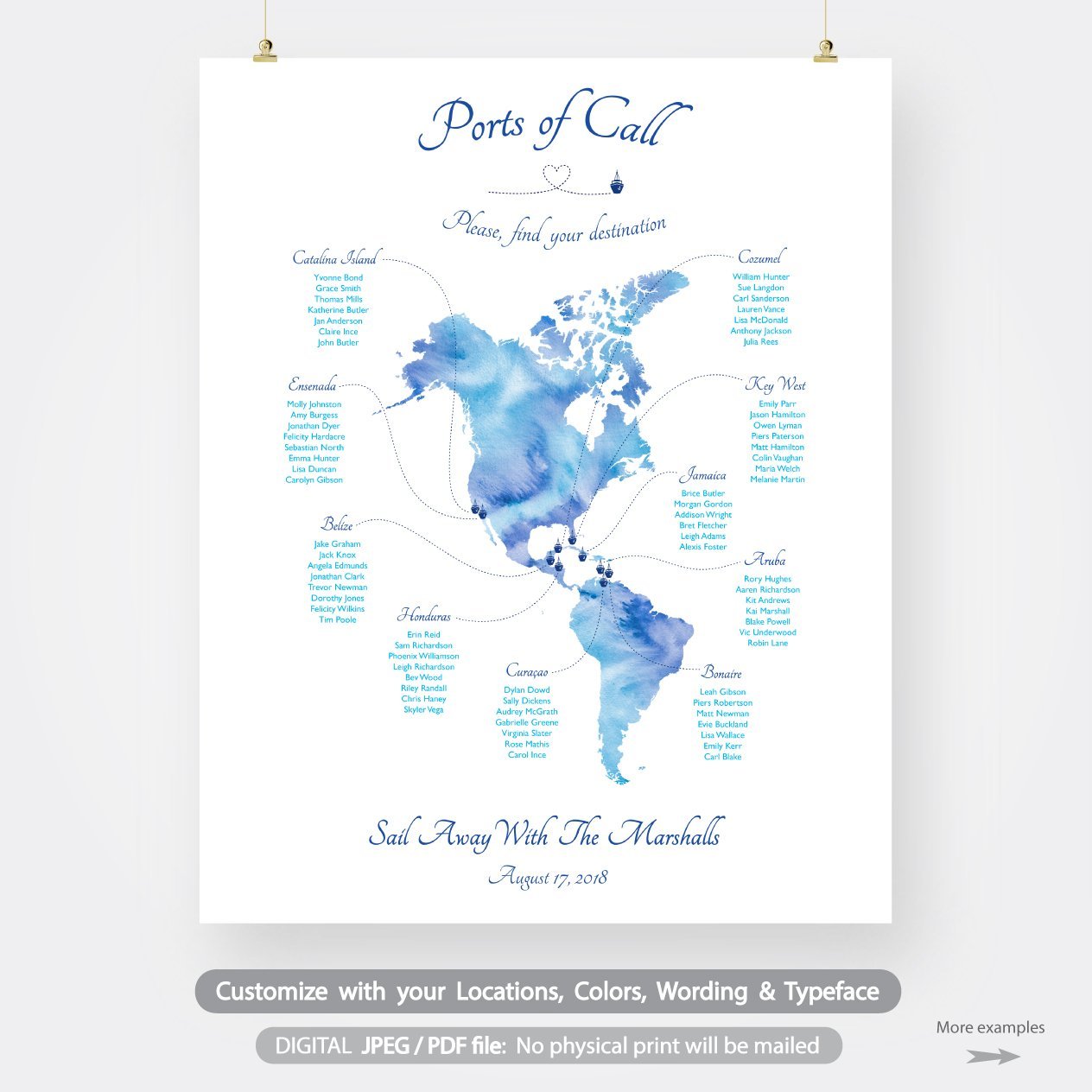 Destination wedding table chart travel theme map seating chart printable digital file