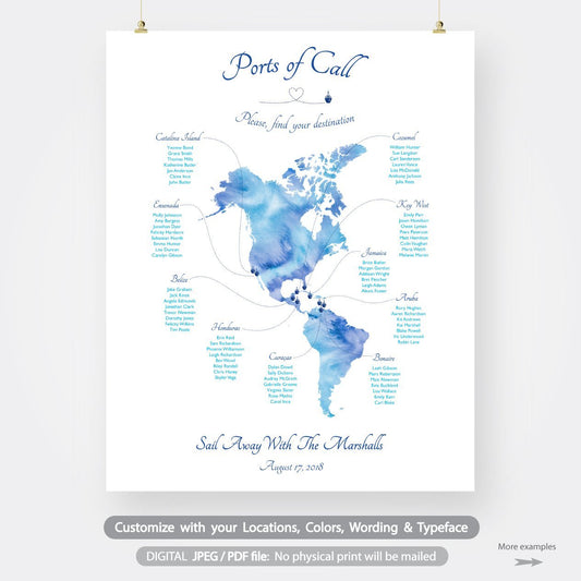 Destination wedding table chart travel theme map seating chart printable digital file