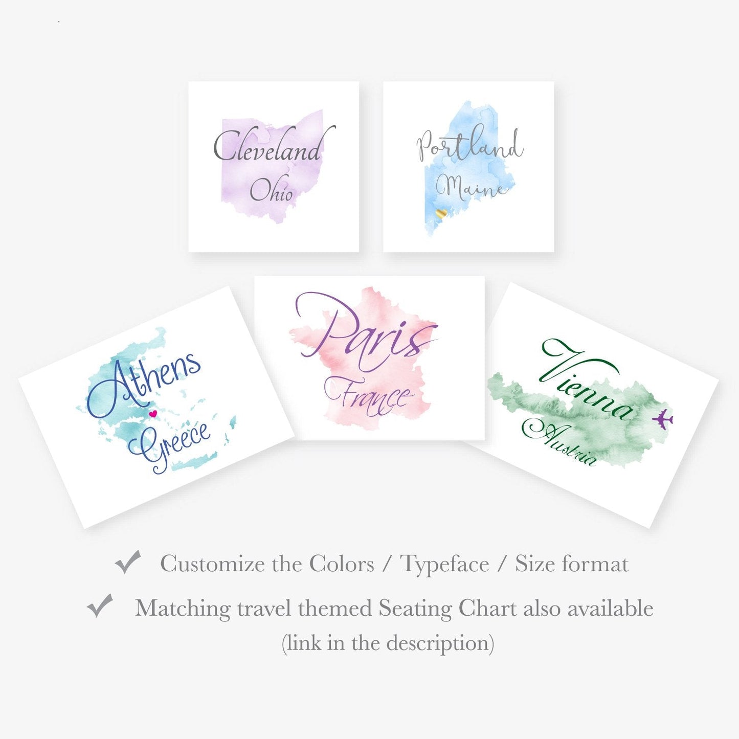 Printable travel-theme wedding table names, destination wedding table cards available as pdf and jpg files.