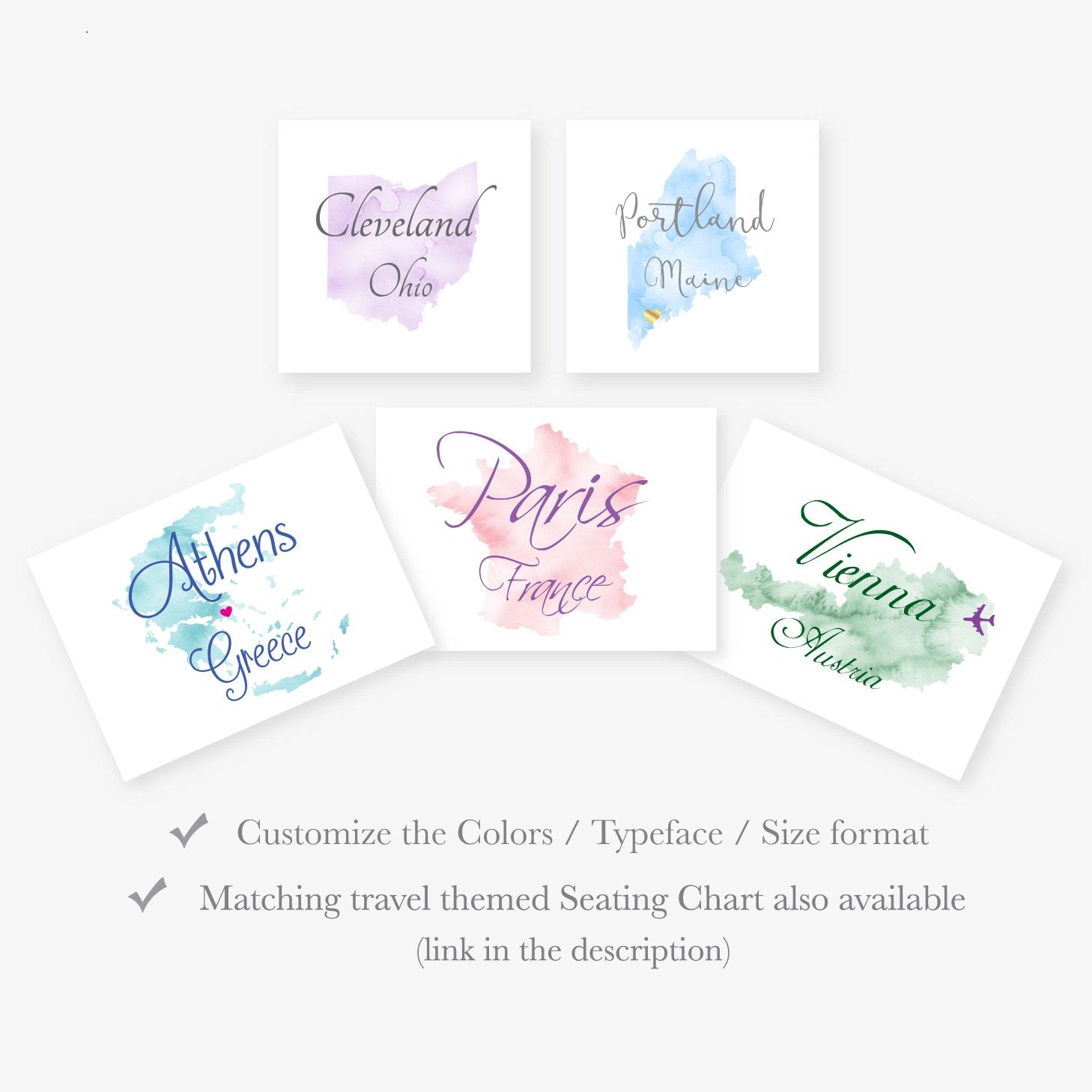 Printable travel-theme wedding table names, destination wedding table cards available as pdf and jpg files.