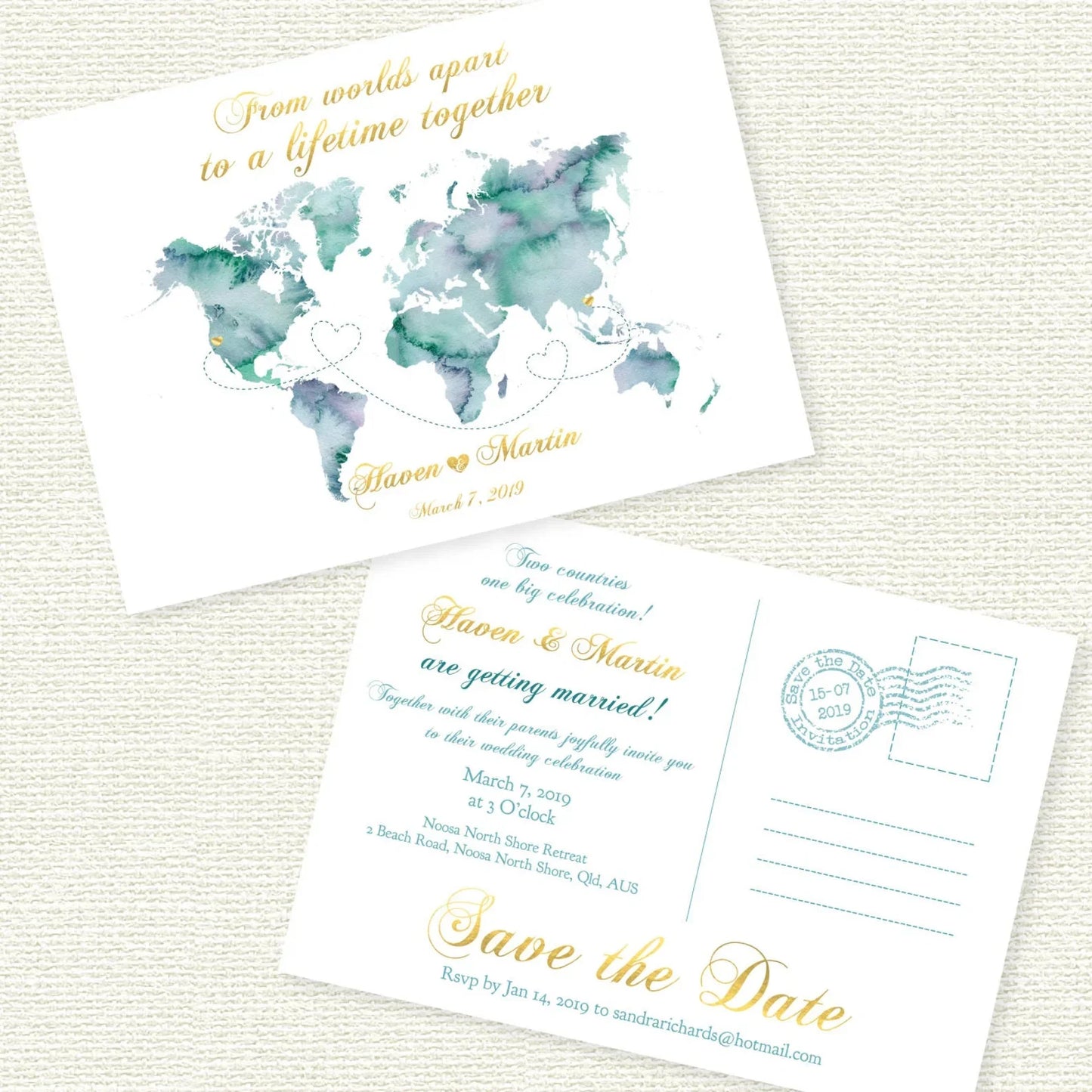 Travel theme wedding invitation, Watercolor map save the date invite