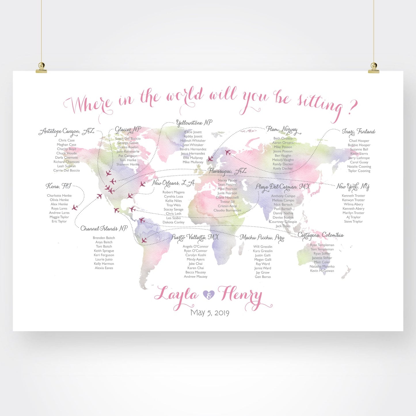 Custom Europe watercolor map seating chart, travel theme seating chart