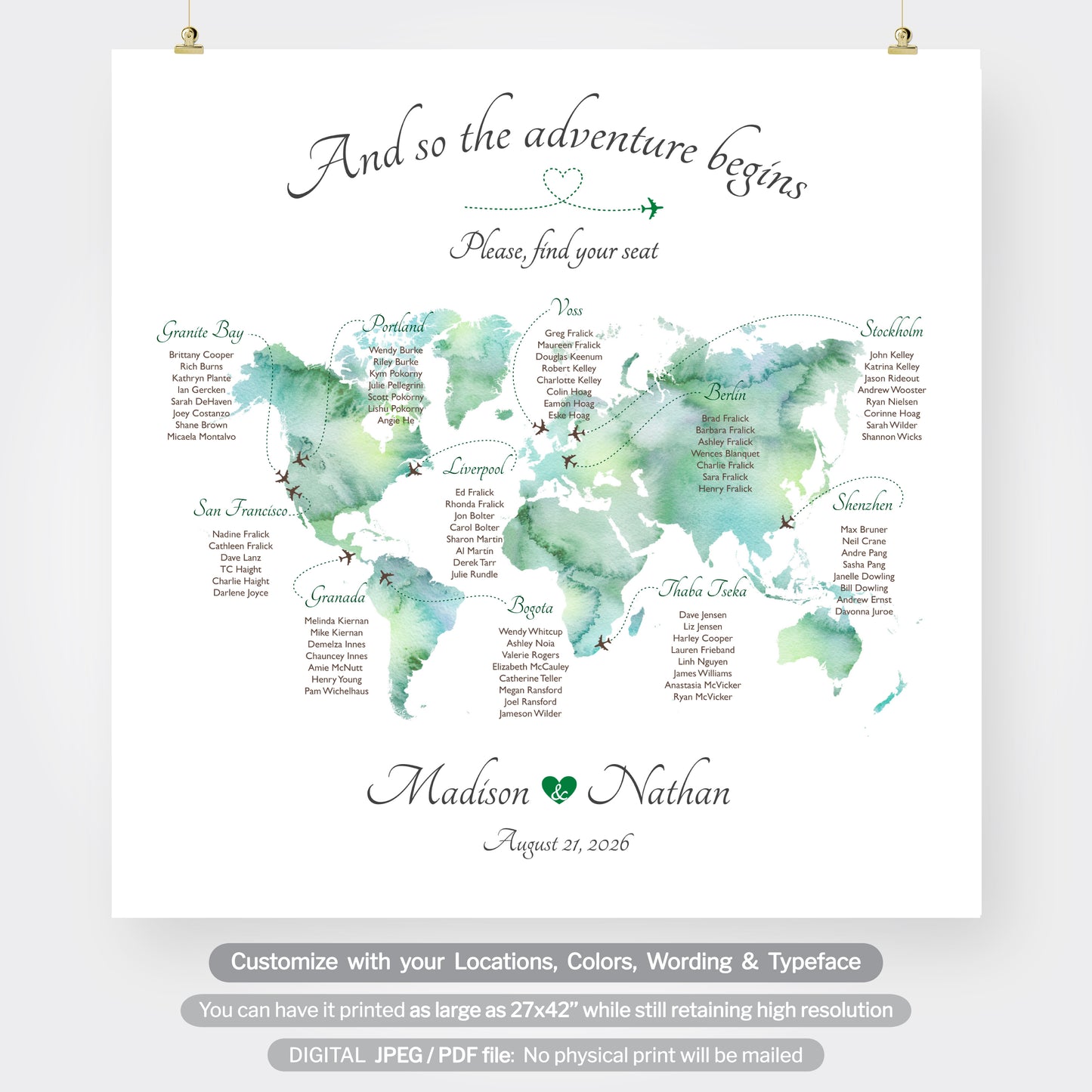 Custom world map seating chart, travel theme or destination wedding seating plan