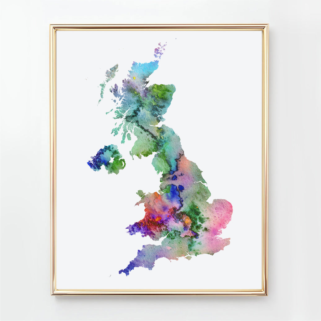 Colorful watercolor map of the United Kingdom, abstract UK map wall art print available as an instant download.