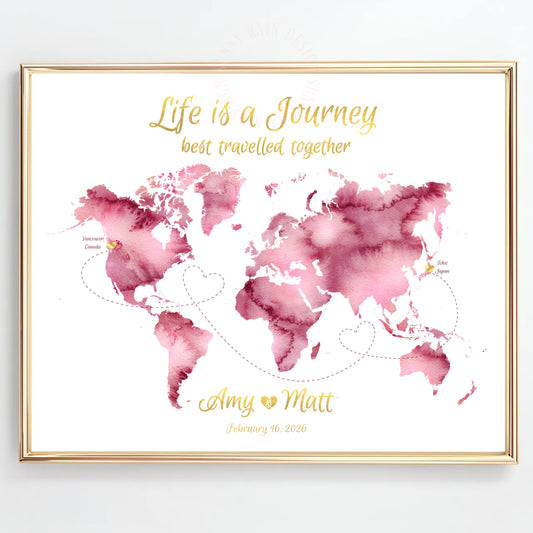Custom watercolor map, Life is a journey, Unique wedding gift for couple