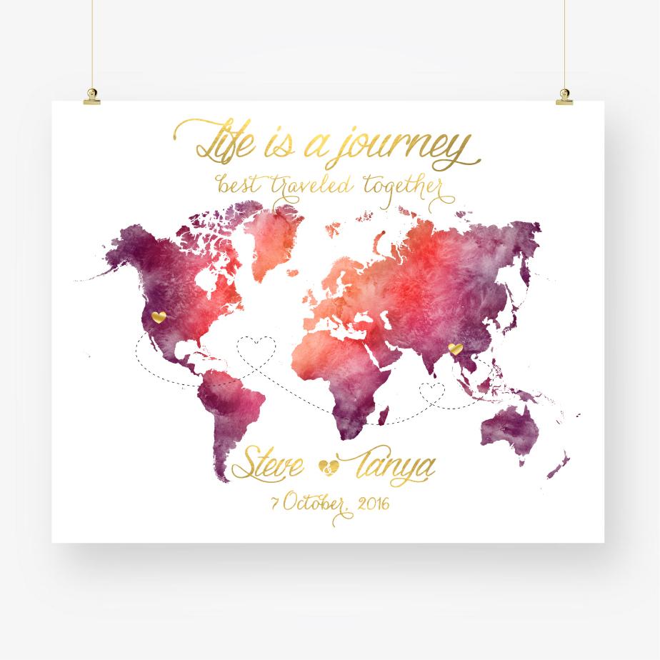 Travel theme wedding guest book alternative large watercolor world map