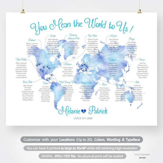 Travel theme wedding seating chart plan printable custom watercolor world map