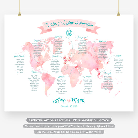 Handmade watercolor world map wedding seating plan digital download